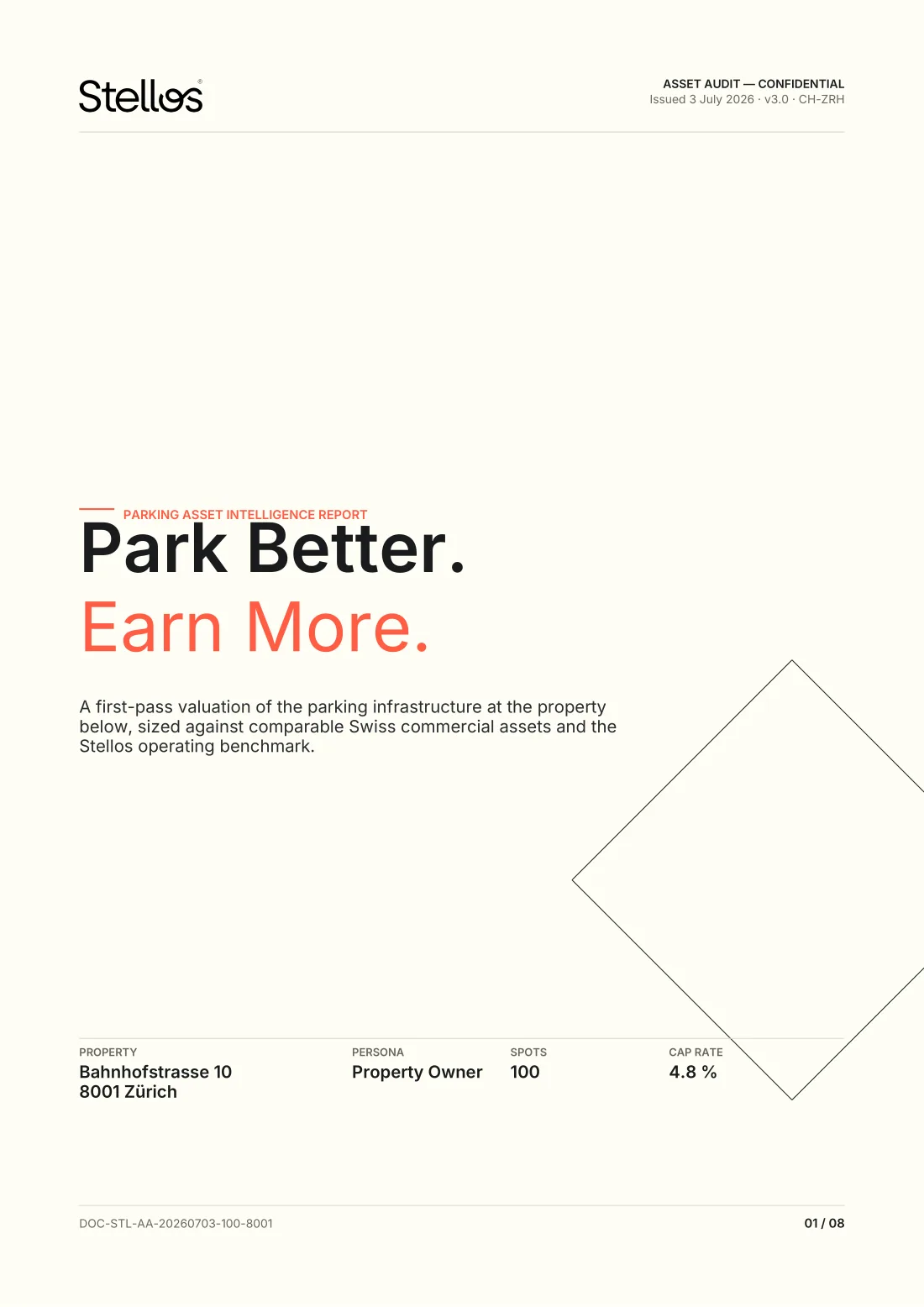 Sample Stellos parking audit report, page 1: cover — Park Better, Earn More, property summary